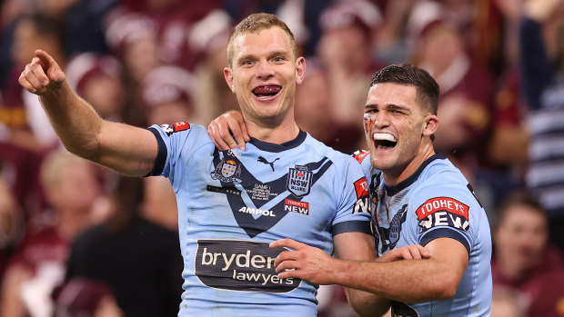 Tom Trbojevic and Nathan Cleary celebrate a try in Origin I.