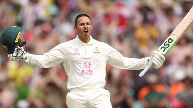 Usman Khawaja celebrates one of his two centuries at the SCG.