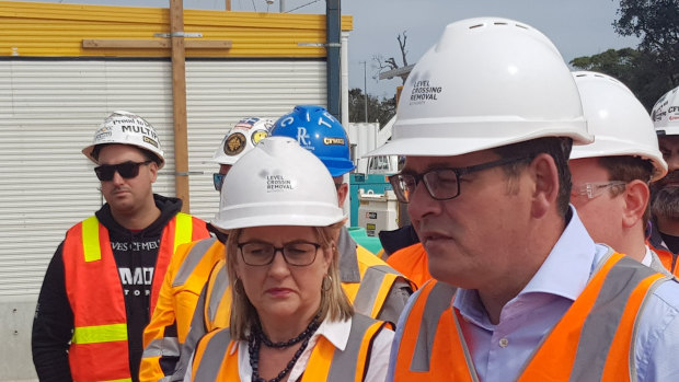 Transport Minister Jacinta Allan with Premier Daniel Andrews in Seaford on Sunday.