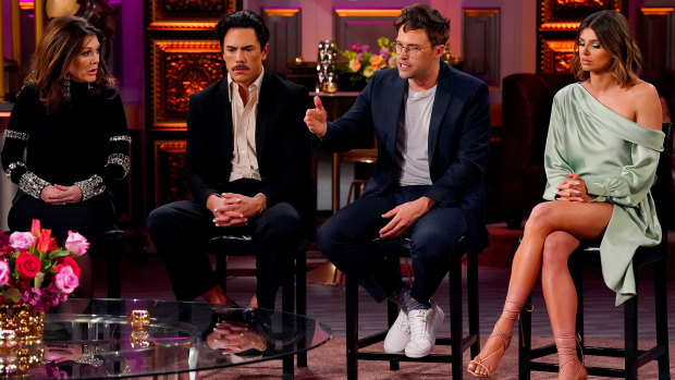 Left to right: Lisa Vanderpump, Tom Sandoval, Tom Schwartz and Raquel Lewis reunite for Season 10.