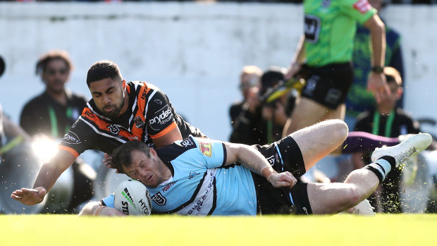 Josh Morris scores during last week's win over the Tigers, which was a final in itself for Cronulla.