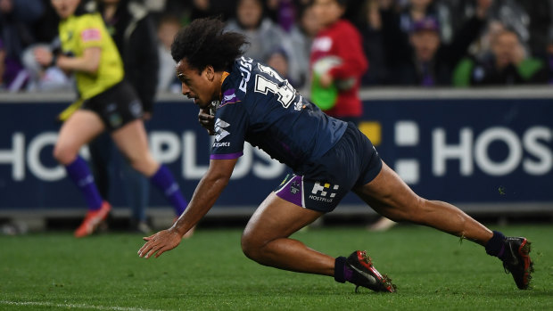 Felise Kaufusi scores a try for Melbourne Storm.