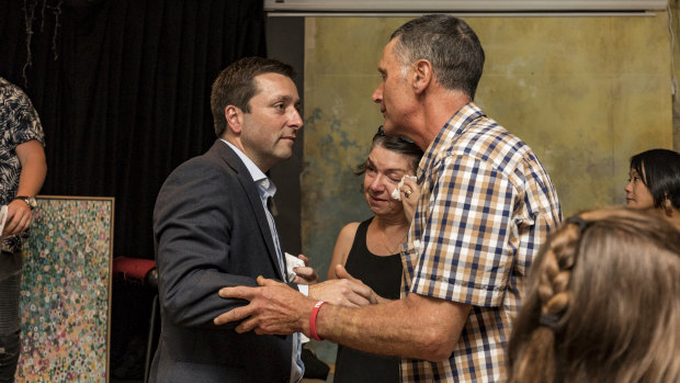 An emotional Paul Cassai, father of David Cassai, with Opposition Leader Matthew Guy who announced more funding for the STOP! One Punch Can Kill campaign.