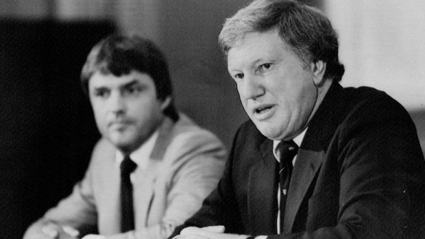 Premier Harry Holgate (right) and Energy Minister, Dr Julian Amos in February, 1982.
