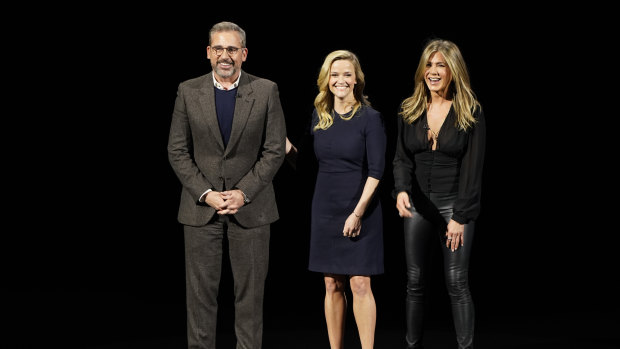 Apple's Morning Wars stars: Steve Carell, Reese Witherspoon and Jennifer Aniston. 