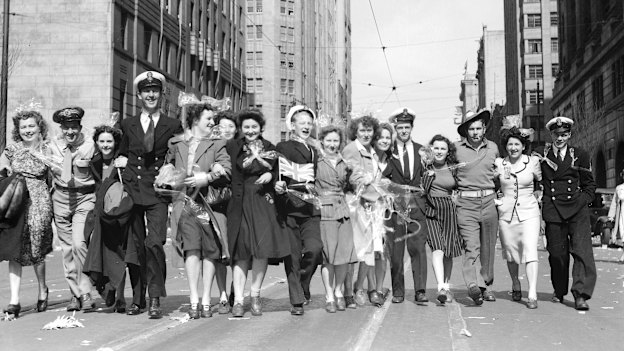 Victory in the Pacific celebrations in the heart of Sydney on August 15, 1945.