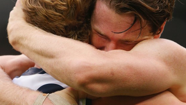 Geelong’s Patrick Dangerfield gets emotional during an AFL game against Hawthorn.