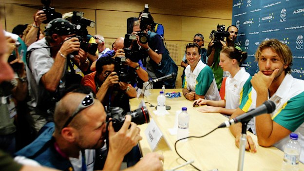 Ian Thorpe (right) at a press conference ahead of the Athens Olympics with teammates Matt Welsh and Leisel Jones