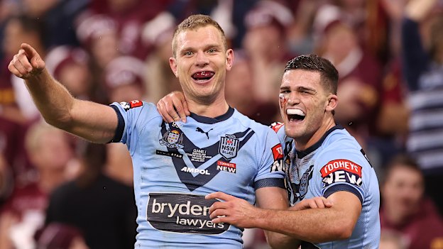Tom Trbojevic and Nathan Cleary celebrate a try in Origin I.