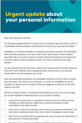 Letter sent to Optus business customers after the massive cybersecurity breach was announced last week.