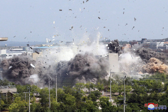 This photo provided by the North Korean government shows the explosion of an inter-Korean liaison office building in Kaesong, North Korea, on Tuesday.