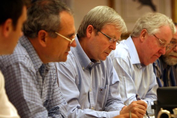 Then Treasury Secretary Ken Henry, Prime Minister Kevin Rudd and Prime Minister Cabinet Secretary Terry Moran in 2008.