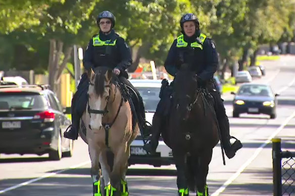 Victoria Police’s mounted branch patrols near Glen Eira College on Wednesday. 