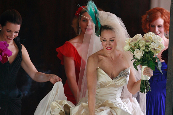 Sarah Jessica Parker wears the Vivienne Westwood gown in the Sex and the City: The Movie alongside (from left) Kristin Davis, Kim Cattrall and Cynthia Nixon.