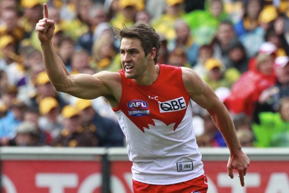 Josh Kennedy celebrates a goal during the Swans’ 2012 grand final win over his former club Hawthorn.