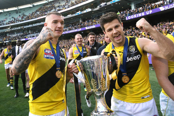 Trent Cotchin (right) and Dustin Martin with the 2017 premiership cup.