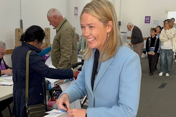Amelia Hamer casting her vote on Saturday at Balwyn Primary School.