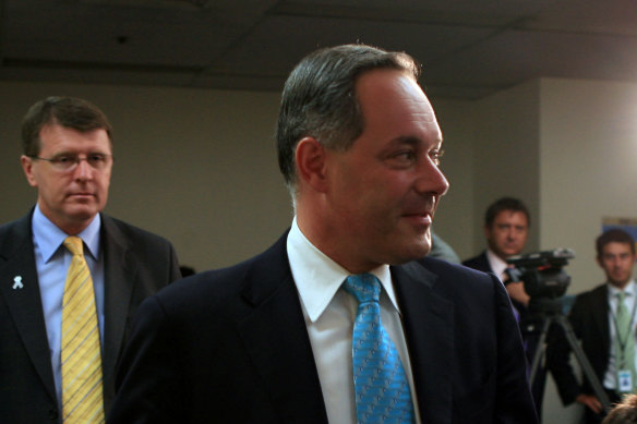 The deputy premier John Watkins with Premier Morris Iemma in 2007, the year before Watkins retired because of what he believed was depression. It was his first symptom of Parkinson’s disease.