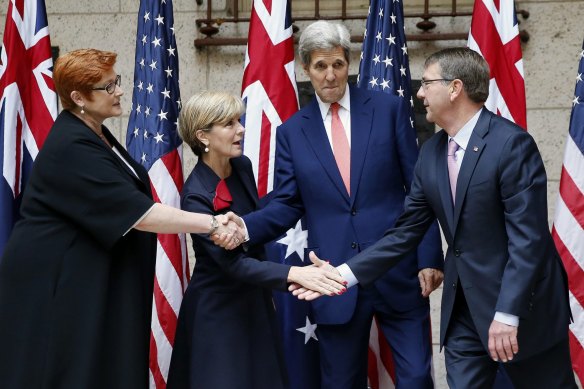 Then-Secretary of State John Kerry, center right, and Defence Secretary Ash Carter, right, discussed China with their Australian counterparts, Foreign Minister Julie Bishop, second from left, and Defence Minister Marise Payne, left, in Boston on October 13, 2015. 