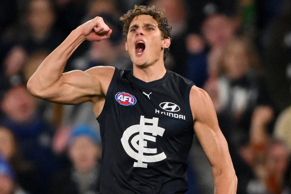 Cashing in: When Carlton spearhead Charlie Curnow is celebrating so are the Blues.