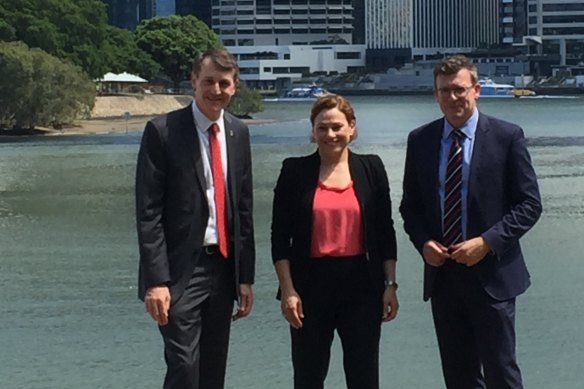 Graham Quirk, Jackie Trad and Alan Tudge after signing a statement of intent for a SEQ City Deal in 2019.