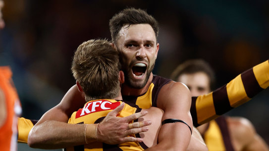 Veteran nous: Jack Gunston played an important role in the Hawks’ win over the Giants on Saturday night.