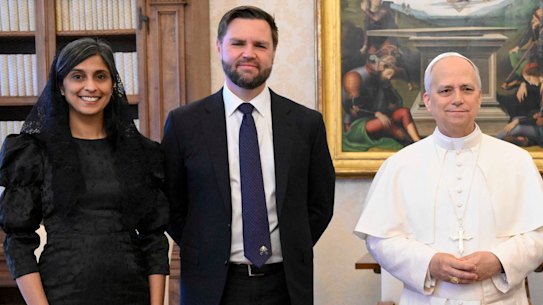 Pope Leo XIV is pictured with Vice President JD Vance, second from left, his wife Usha Vance, Secretary of State Marco Rubio, second from right, and his wife Jeanette Dousdebes Rubio, at the Vatican on Monday.