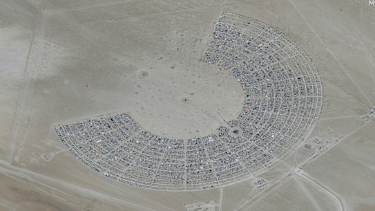 An overview of Burning Man festival in Black Rock, where about 70,000 people are now trapped.