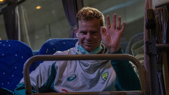 STeve Smith waves after landing in Colombo this week.