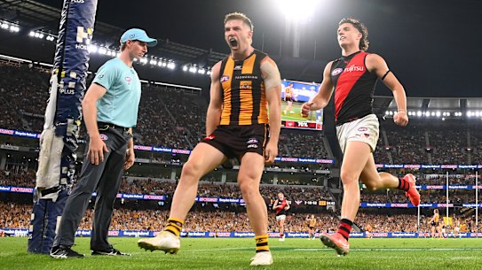 Dylan Moore celebrates one of his three goals in style.