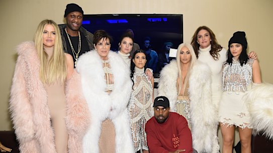 From left, Khloe Kardashian, Lamar Odom, Kris Jenner, Kendall Jenner, Kourtney Kardashian, Kanye West, Kim Kardashian, Caitlyn Jenner and Kylie Jenner at Kanye West’s Yeezy Season 3 launch in 2016. 
