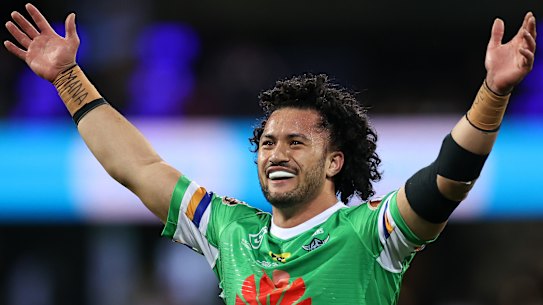 Corey Harawira-Naera celebrates the win over the Roosters.