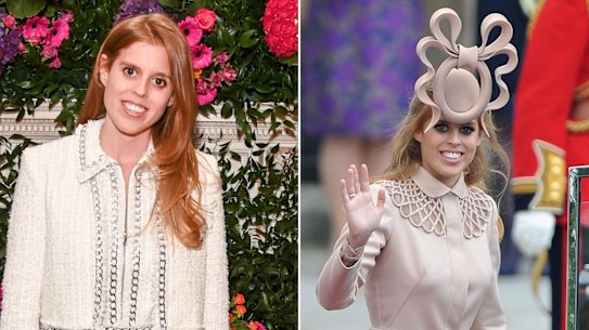 Makeover: Princess Beatrice wearing Alice + Olivia at the label’s London store opening, May 26; at the 2011 wedding of Prince William to Kate Middleton wearing the infamous Philip Treacy hat.