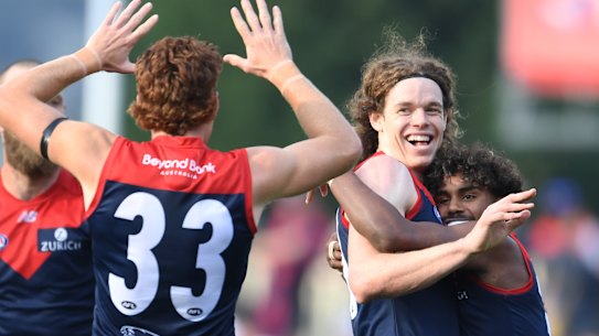Demons forward Ben Brown celebrates a goal during the round seven match against his former side, the Kangaroos.