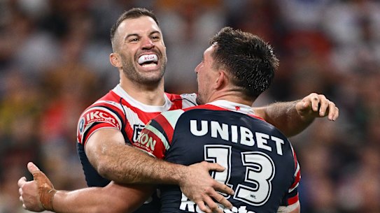 James Tedesco celebrates with Victor Radley on Friday night.