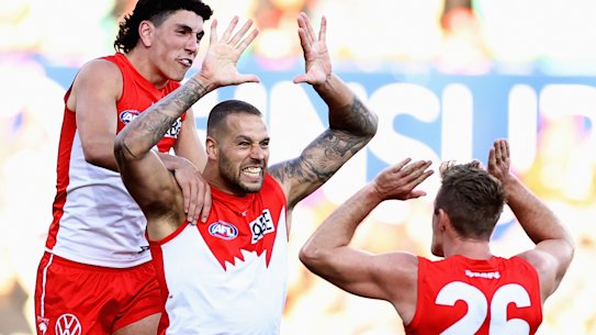 Lance Franklin celebrates one of his two goals in Saturday’s win over Collingwood.