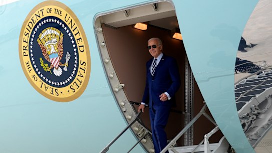 President Joe Biden arrives on Air Force One at Dobbins Air Reserve Base.
