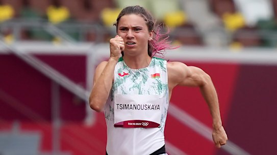 Krystsina Tsimanouskaya in the women’s 100-metre sprint on Friday.