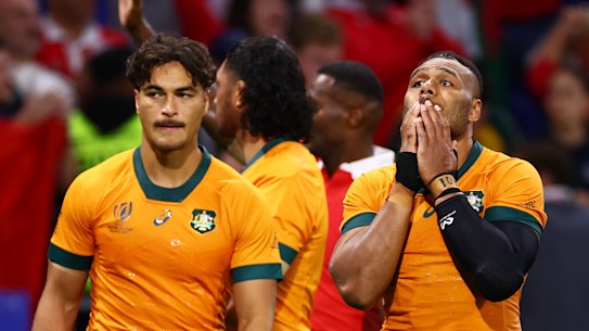 Jordan Petaia and Samu Kerevi after the full-time whistle in Lyon.
