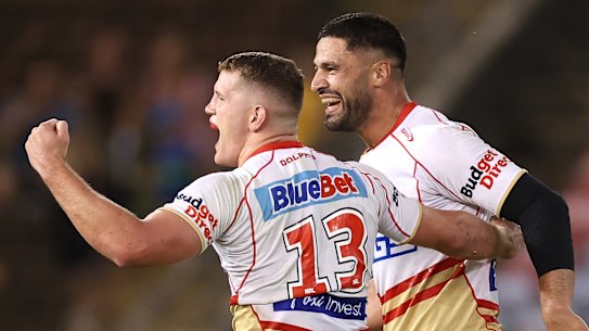Jesse Bromwich and Tom Gilbert celebrate.