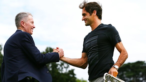 Tiley and Roger Federer after the Swiss superstar’s 2018 victory in Melbourne.