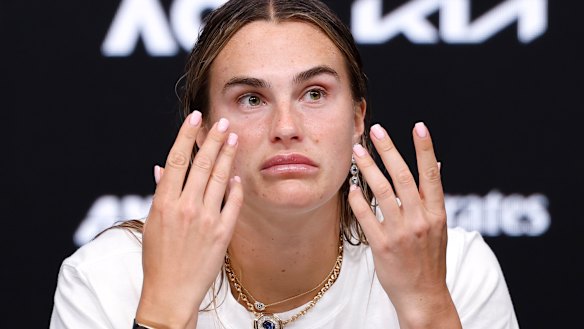 Aryna Sabalenka speaks to the media at a press conference after her final loss.