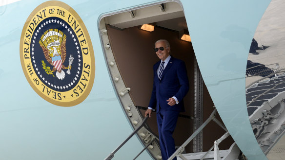 President Joe Biden arrives on Air Force One at Dobbins Air Reserve Base.
