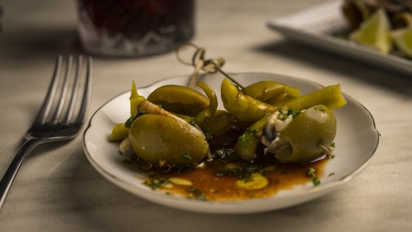 Gilda skewers with vermut-and-paprika dressing.