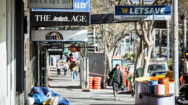 Homeless bedding in Fitzroy Street, St Kilda, which has several retail vanancies.