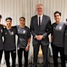 Minister for Home Affairs Tony Burke with five Iranian women soccer players who were granted asylum in Australia on Monday night.