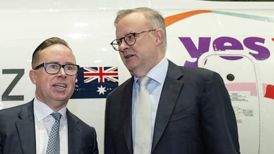 Alan Joyce and Anthony Albanese at the Qantas unveiling of its Yes logo this week.