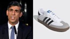 British Prime Minister Rishi Sunak and the offending Adidas Samba sneaker that he formally apologised for wearing during an interview.