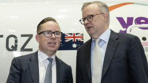 Alan Joyce and Anthony Albanese at a Yes campaign event at Sydney Airport last month.