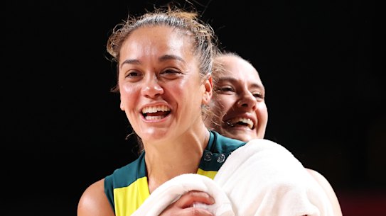 Leilani Mitchell celebrates after the Opals advanced to the quarter-finals.